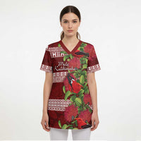 Hawaii Christmas Mele Kalikimaka Scrub Top I'iwi Bird on Ohia Lehua - Polynesian Pride