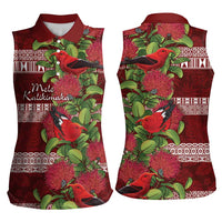 Hawaii Christmas Mele Kalikimaka Women Sleeveless Polo Shirt I'iwi Bird on Ohia Lehua