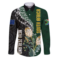 Custom South Africa Mix New Zealand Rugby 2023 Family Matching Puletasi Dress and Hawaiian Shirt World Cup Greatest Rivalry LT7 Dad's Shirt - Long Sleeve Black Green - Polynesian Pride