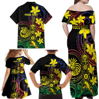 New Caledonia Kanaky Personalized Family Matching Off Shoulder Maxi Dress and Hawaiian Shirt Fleche Faitiere - Plumeria