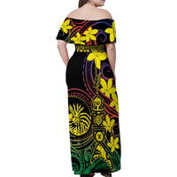 New Caledonia Kanaky Personalized Family Matching Off Shoulder Maxi Dress and Hawaiian Shirt Fleche Faitiere - Plumeria