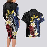 Personalized Philippines Tribal Couples Matching Long Sleeve Bodycon Dress and Hawaiian Shirt Tropical Waves - Plumeria