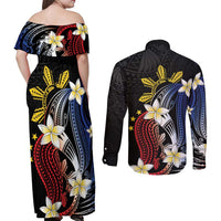 Personalized Philippines Tribal Couples Matching Off Shoulder Maxi Dress and Long Sleeve Button Shirt Tropical Waves - Plumeria