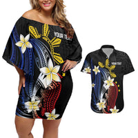 Personalized Philippines Tribal Couples Matching Off Shoulder Short Dress and Hawaiian Shirt Tropical Waves - Plumeria