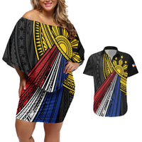Philippines Sun Couples Matching Off Shoulder Short Dress and Hawaiian Shirt Pasifika Tribal Style