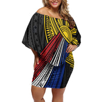 Philippines Sun Family Matching Off Shoulder Short Dress and Hawaiian Shirt Pasifika Tribal Style