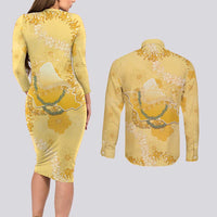 Hawaii Oahu Island Flowers Lei Couples Matching Long Sleeve Bodycon Dress and Long Sleeve Button Shirt Yellow Ilima Mix Plumeria LT7 - Polynesian Pride