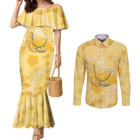 Hawaii Oahu Island Flowers Lei Couples Matching Mermaid Dress and Long Sleeve Button Shirt Yellow Ilima Mix Plumeria