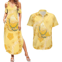 Hawaii Oahu Island Flowers Lei Couples Matching Summer Maxi Dress and Hawaiian Shirt Yellow Ilima Mix Plumeria LT7 Yellow - Polynesian Pride