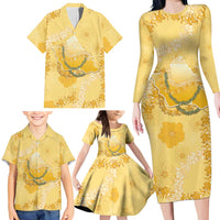 Hawaii Oahu Island Flowers Lei Family Matching Long Sleeve Bodycon Dress and Hawaiian Shirt Yellow Ilima Mix Plumeria LT7 - Polynesian Pride