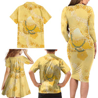 Hawaii Oahu Island Flowers Lei Family Matching Long Sleeve Bodycon Dress and Hawaiian Shirt Yellow Ilima Mix Plumeria LT7 - Polynesian Pride