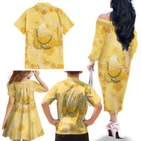 Hawaii Oahu Island Flowers Lei Family Matching Off The Shoulder Long Sleeve Dress and Hawaiian Shirt Yellow Ilima Mix Plumeria