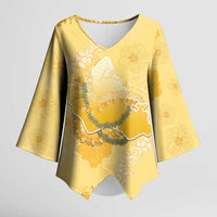 Hawaii Oahu Island Flowers Lei Kimono Sleeve Blouse Yellow Ilima Mix Plumeria