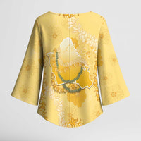 Hawaii Oahu Island Flowers Lei Kimono Sleeve Blouse Yellow Ilima Mix Plumeria