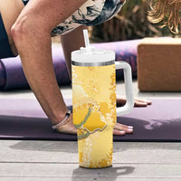 Hawaii Oahu Island Flowers Lei Tumbler With Handle Yellow Ilima Mix Plumeria LT7 - Polynesian Pride