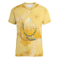 Hawaii Oahu Island Flowers Lei Women V-Neck T-Shirt Yellow Ilima Mix Plumeria