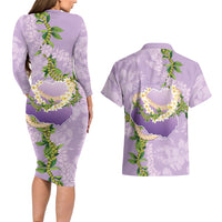 Hawaii Kauai Island Flowers Lei Couples Matching Long Sleeve Bodycon Dress and Hawaiian Shirt Mokihana Lei
