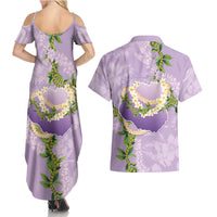 Hawaii Kauai Island Flowers Lei Couples Matching Summer Maxi Dress and Hawaiian Shirt Mokihana Lei