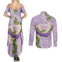 Hawaii Kauai Island Flowers Lei Couples Matching Summer Maxi Dress and Long Sleeve Button Shirt Mokihana Lei
