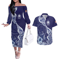 Fiji Queen Victoria School Personalised Couples Matching Off The Shoulder Long Sleeve Dress and Hawaiian Shirt Masi Tapa Torn Style