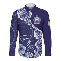 Fiji Queen Victoria School Personalised Long Sleeve Button Shirt Masi Tapa Torn Style LT7 Unisex Blue - Polynesian Pride