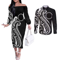 Kia Orana Cook Islands Couples Matching Off The Shoulder Long Sleeve Dress and Long Sleeve Button Shirt Kerekere Plumeria Tropical Waves - Polynesian Pride