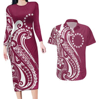 Kia Orana Cook Islands Couples Matching Long Sleeve Bodycon Dress and Hawaiian Shirt Maroon Plumeria Tropical Waves - Polynesian Pride