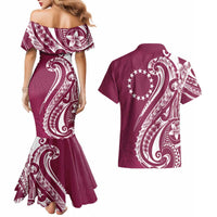 Kia Orana Cook Islands Couples Matching Mermaid Dress and Hawaiian Shirt Maroon Plumeria Tropical Waves - Polynesian Pride