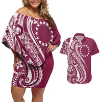 Kia Orana Cook Islands Couples Matching Off Shoulder Short Dress and Hawaiian Shirt Maroon Plumeria Tropical Waves - Polynesian Pride