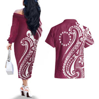 Kia Orana Cook Islands Couples Matching Off The Shoulder Long Sleeve Dress and Hawaiian Shirt Maroon Plumeria Tropical Waves - Polynesian Pride