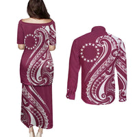 Kia Orana Cook Islands Couples Matching Puletasi and Long Sleeve Button Shirt Maroon Plumeria Tropical Waves - Polynesian Pride