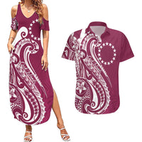Kia Orana Cook Islands Couples Matching Summer Maxi Dress and Hawaiian Shirt Maroon Plumeria Tropical Waves - Polynesian Pride