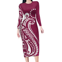 Kia Orana Cook Islands Family Matching Long Sleeve Bodycon Dress and Hawaiian Shirt Maroon Plumeria Tropical Waves - Polynesian Pride