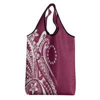 Kia Orana Cook Islands Grocery Bag Maroon Plumeria Tropical Waves - Polynesian Pride