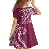 Kia Orana Cook Islands Kid Short Sleeve Dress Maroon Plumeria Tropical Waves - Polynesian Pride