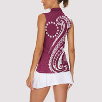 Kia Orana Cook Islands Women Sleeveless Polo Shirt Maroon Plumeria Tropical Waves - Polynesian Pride