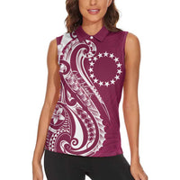 Kia Orana Cook Islands Women Sleeveless Polo Shirt Maroon Plumeria Tropical Waves - Polynesian Pride
