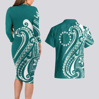 Kia Orana Cook Islands Couples Matching Long Sleeve Bodycon Dress and Hawaiian Shirt Teal Plumeria Tropical Waves - Polynesian Pride