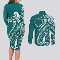 Kia Orana Cook Islands Couples Matching Long Sleeve Bodycon Dress and Long Sleeve Button Shirt Teal Plumeria Tropical Waves - Polynesian Pride