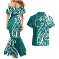 Kia Orana Cook Islands Couples Matching Mermaid Dress and Hawaiian Shirt Teal Plumeria Tropical Waves - Polynesian Pride