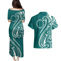 Kia Orana Cook Islands Couples Matching Puletasi and Hawaiian Shirt Teal Plumeria Tropical Waves - Polynesian Pride