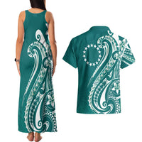 Kia Orana Cook Islands Couples Matching Tank Maxi Dress and Hawaiian Shirt Teal Plumeria Tropical Waves - Polynesian Pride