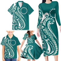 Kia Orana Cook Islands Family Matching Long Sleeve Bodycon Dress and Hawaiian Shirt Teal Plumeria Tropical Waves - Polynesian Pride