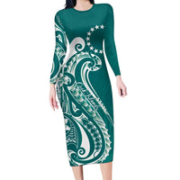Kia Orana Cook Islands Family Matching Long Sleeve Bodycon Dress and Hawaiian Shirt Teal Plumeria Tropical Waves - Polynesian Pride
