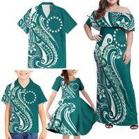 Kia Orana Cook Islands Family Matching Off Shoulder Maxi Dress and Hawaiian Shirt Teal Plumeria Tropical Waves - Polynesian Pride