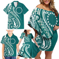 Kia Orana Cook Islands Family Matching Off Shoulder Short Dress and Hawaiian Shirt Teal Plumeria Tropical Waves - Polynesian Pride