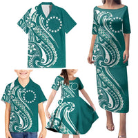 Kia Orana Cook Islands Family Matching Puletasi and Hawaiian Shirt Teal Plumeria Tropical Waves - Polynesian Pride