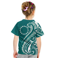 Kia Orana Cook Islands Kid T Shirt Teal Plumeria Tropical Waves - Polynesian Pride