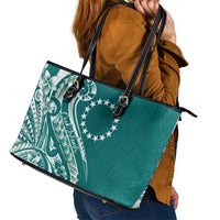 Kia Orana Cook Islands Leather Tote Bag Teal Plumeria Tropical Waves - Polynesian Pride