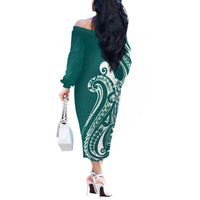 Kia Orana Cook Islands Off The Shoulder Long Sleeve Dress Teal Plumeria Tropical Waves - Polynesian Pride